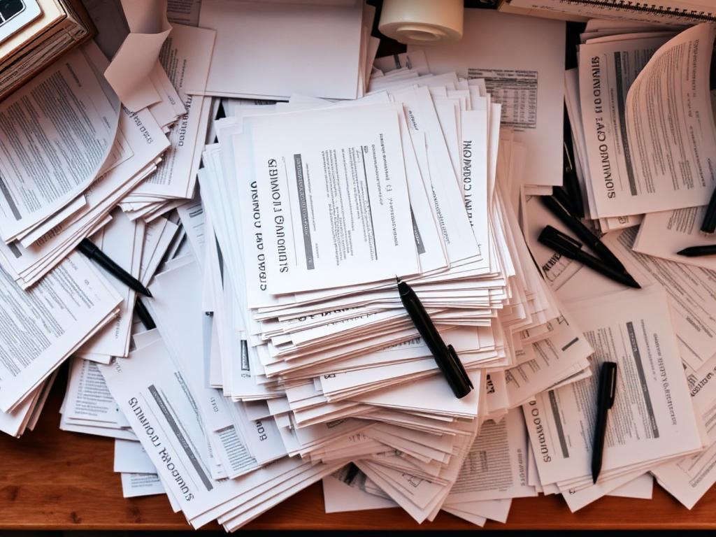 Cluttered stack of paper waiver forms